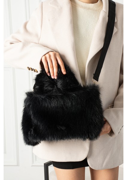 Pufy Kadın Peluş El ve Omuz Çantası Kulplu ve Ayarlanabilir Uzun Askılı