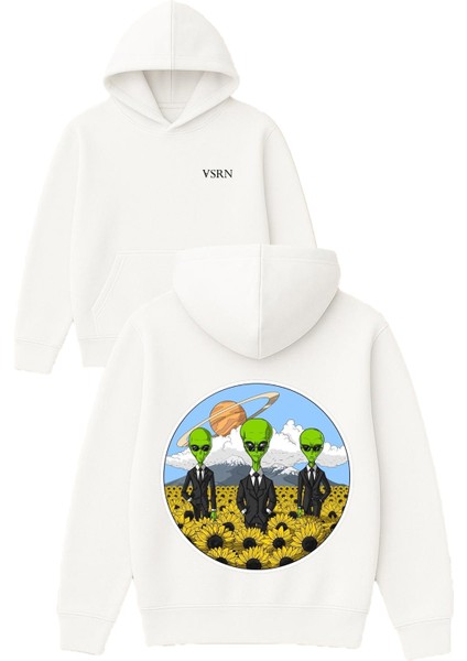 3 Uzaylı Tasarım Baskılı Oversize Beyaz Kapüşonlu Sweatshirt