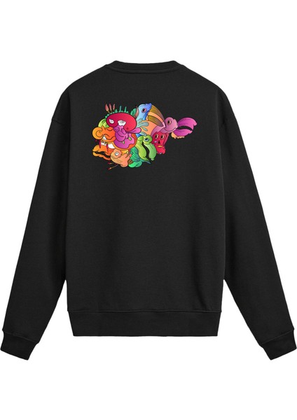 Sırt Baskılı Renkli Soyut Karakter Tasarımlı Sweatshirt