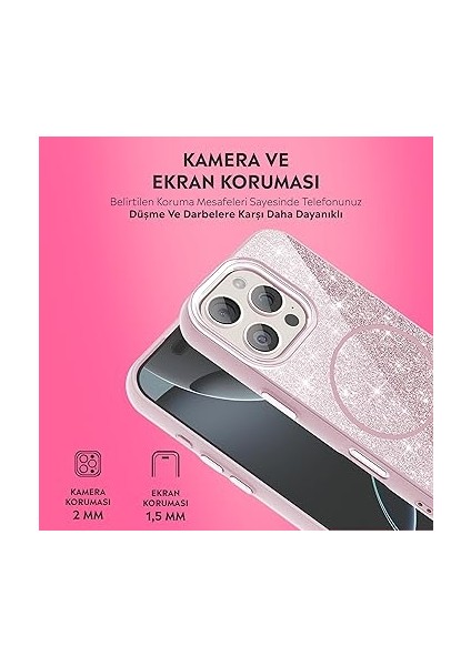 iPhone Kılıf M-Safe Şarj Özellikli Parlayan Simli Sararmaz Kılıf (Pembe, iPhone 16 Pro Max) fiyatları
