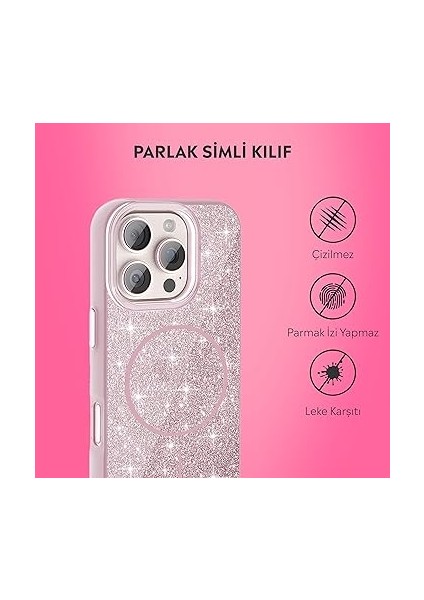 iPhone Kılıf M-Safe Şarj Özellikli Parlayan Simli Sararmaz Kılıf (Pembe, iPhone 16 Pro Max) fırsatları