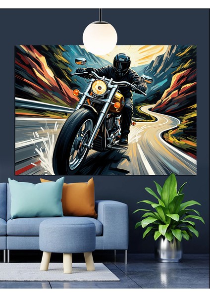 Motosiklet Sürüşü Kentsel Gece Manzarası Dekoratif Kanvas - Mdf Ahşap Tablo