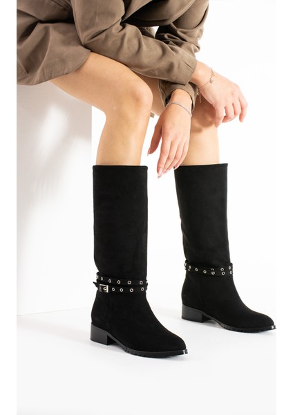 Brogan Siyah Süet Diz Altı Kemer Dataylı Kısa Topuklu Kadın Çizme modelleri