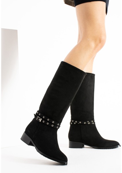 Brogan Siyah Süet Diz Altı Kemer Dataylı Kısa Topuklu Kadın Çizme fırsatları