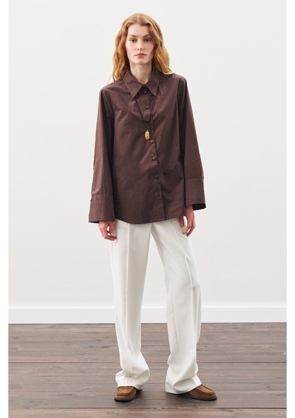 Geniş Manşetli Klasik Gömlek Acı Kahve