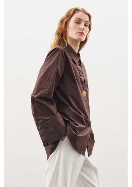 Geniş Manşetli Klasik Gömlek Acı Kahve