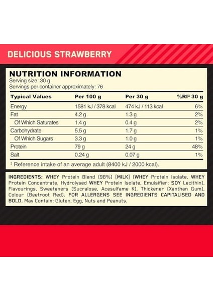 On Optimum Nutrition 100% Whey Gold Standard Çilek Aromalı Strawberry 2.28KG 76 Servis