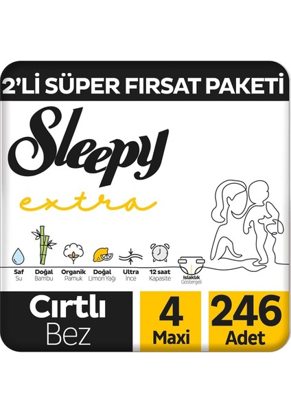 Sleepy Extra Günlük Aktivite 2'li Fırsat Paketi Bebek Bezi 4 Numara Maxi 246 Adet