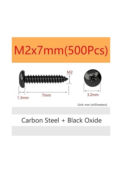 Yuvarlak Kafa Tahta Vidalar Karbon Çelik Demir Siyah Kendinden Kılavuzlu Vidalar Çapraz Pan Kafa Sivri Kuyruk Matkap Uçlu Vidalar M2 x 7mm 500 Pcs (Kafa 2.8mm) fiyatları