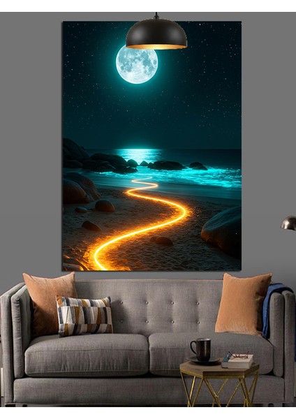 Dolunayda Orman Sahil Manzarası Dekoratif Kanvas - Mdf Ahşap Tablo