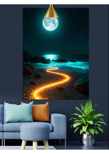 Dolunayda Orman Sahil Manzarası Dekoratif Kanvas - Mdf Ahşap Tablo fiyatları