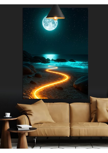 Dolunayda Orman Sahil Manzarası Dekoratif Kanvas - Mdf Ahşap Tablo modelleri