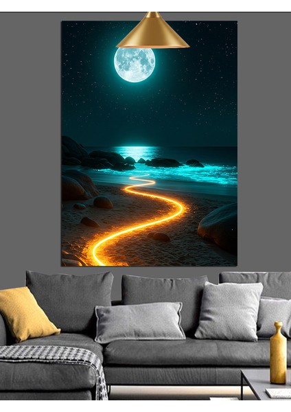 Dolunayda Orman Sahil Manzarası Dekoratif Kanvas - Mdf Ahşap Tablo fırsatları