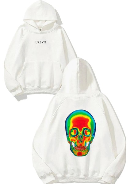Thermal Skull Tasarım Baskılı Oversize Beyaz Kapüşonlu Sweatshirt