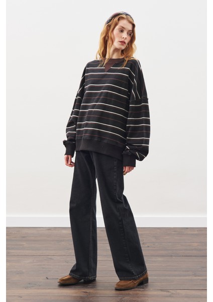 Oversıze Çizgili Sweatshırt Siyah modelleri