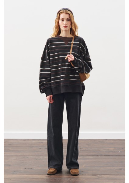 Oversıze Çizgili Sweatshırt Siyah