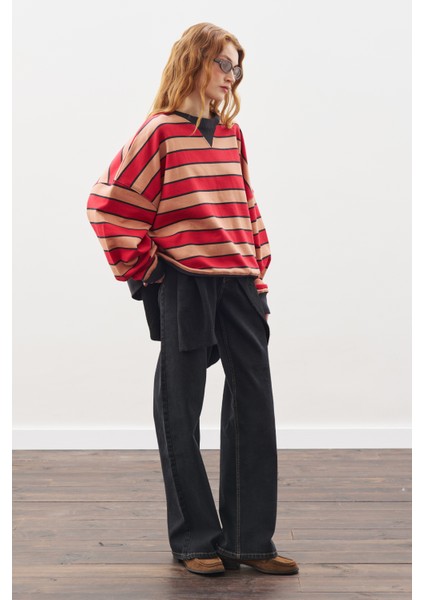Oversıze Çizgili Sweatshırt Kırmızı indirimleri