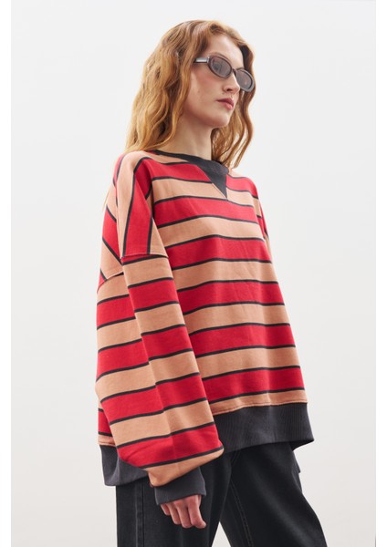 Oversıze Çizgili Sweatshırt Kırmızı