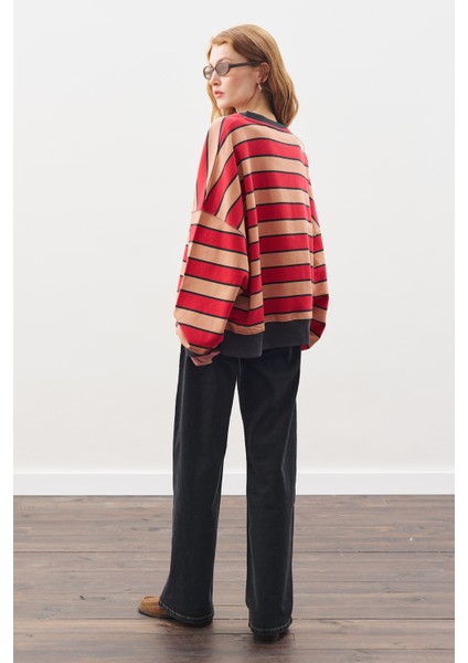 Oversıze Çizgili Sweatshırt Kırmızı