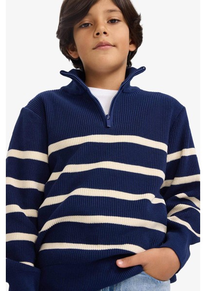 Erkek Çocuk Yarım Fermuarlı Çizgili Triko Kazak G3076A825WN