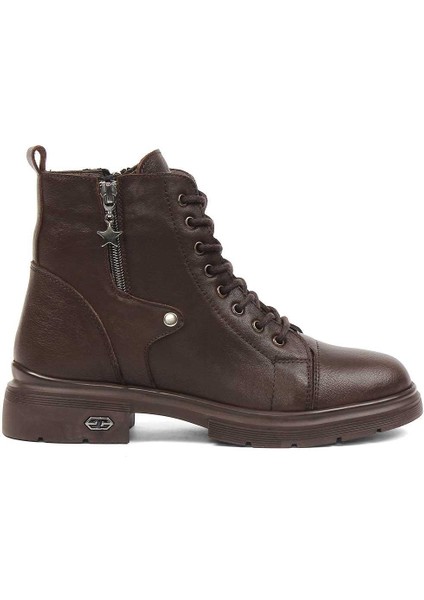 Kadın Kahverengi Çift Fermuarlı Deri Bot