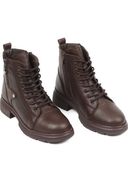 Kadın Kahverengi Çift Fermuarlı Deri Bot