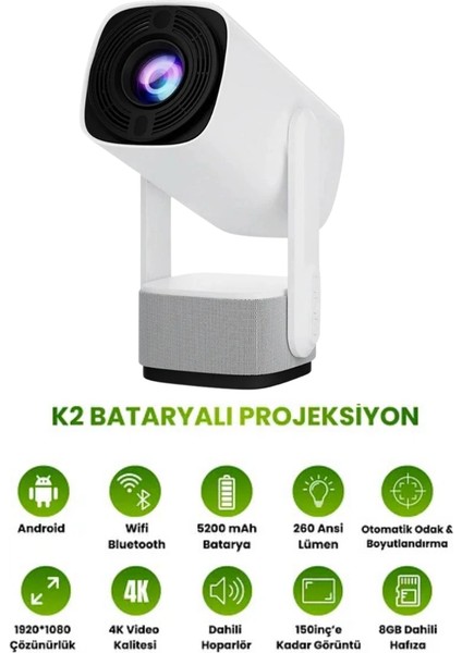 K2 Android Sistemli Projektör | 4K Destekli, 1080P Hd, Taşınabilir ve Bataryalı Projeksiyon Cihazı indirimleri