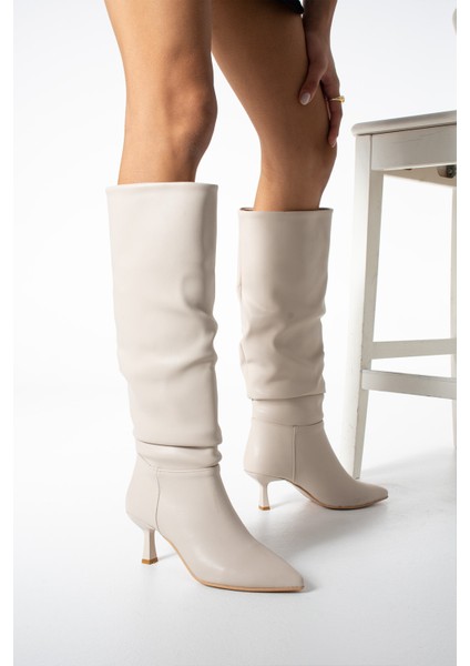 Diana Ekru Renkli Körüklü Ince Topuklu Sivri Burun Kadın Çizme fiyatları