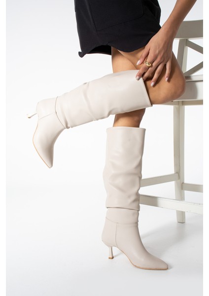 Diana Ekru Renkli Körüklü Ince Topuklu Sivri Burun Kadın Çizme modelleri