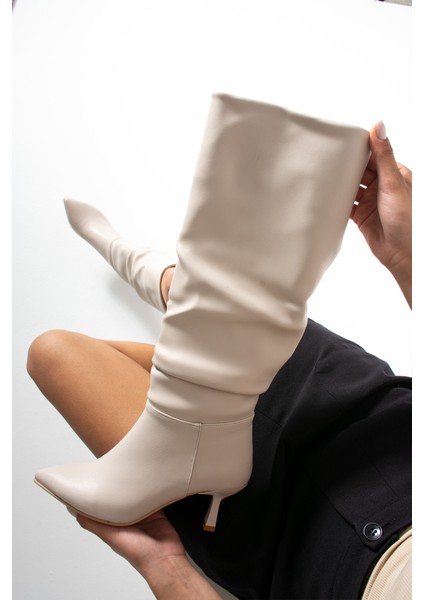 Diana Ekru Renkli Körüklü Ince Topuklu Sivri Burun Kadın Çizme fırsatları