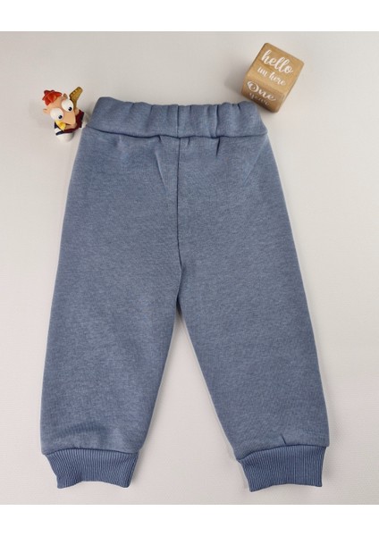 Nyc Nakışlı Unisex Kolej Çocuk Takımı 3'lü Ceket Sweat Pantolon 6-24 Ay,2-5 Yaş (Bej & Mavi)