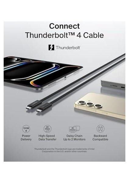 Thunderbolt 4 Kablo (2m 6.6ft), 100W Güç Dağıtımı Pd Etkinleştirilmiş USB Tip C Bağlantısı, USB 4 Uyumlu ve Daha Fazlasıyla Uyumlu, Siyah fiyatları