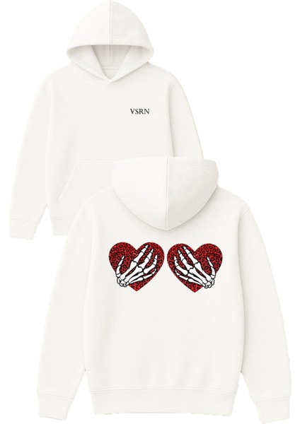 2 Kalp El Iskelet Tasarım Baskılı Oversize Beyaz Kapüşonlu Sweatshirt