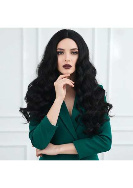 Dalgalı Perçemsiz Uzun Fiber Sentetik Peruk - Koyu Kestane