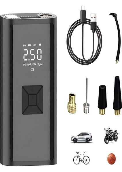 150 Psı Şarjlı Hava Kompresörü 4500MAH | LCD Ekranlı Taşınabilir Lastik Şişirme Pompası