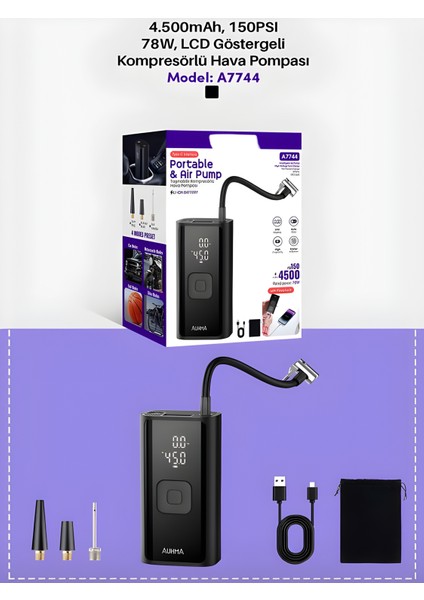 150 Psı Şarjlı Hava Kompresörü 4500MAH | LCD Ekranlı Taşınabilir Lastik Şişirme Pompası indirimleri