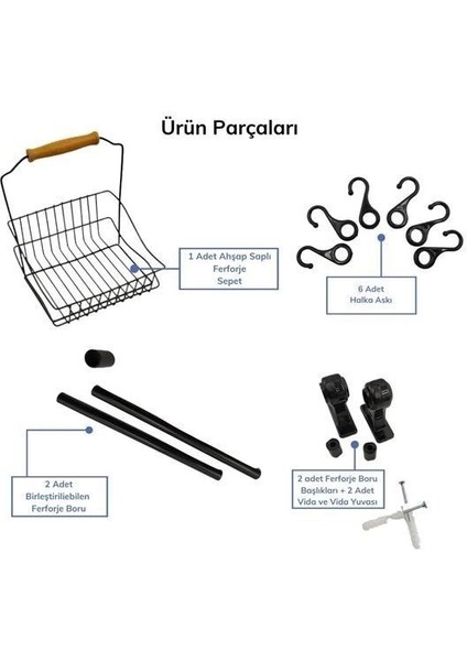 Retro Ferforje Askılı Siyah Ahşap Kulplu Düzenleyici Mutfak Sepeti