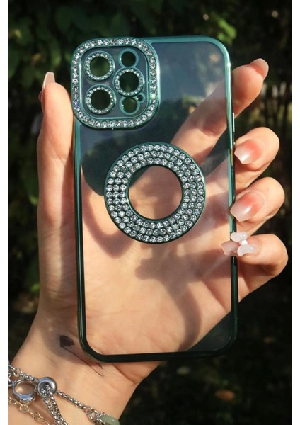 13 Pro Ile Uyumlu Taşlı Parlak Logo Açık Kadın Kılıf Kapak (Yeşil)