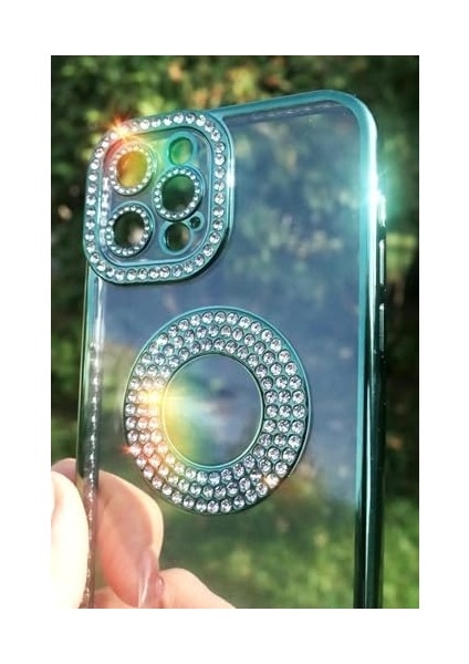 13 Pro Ile Uyumlu Taşlı Parlak Logo Açık Kadın Kılıf Kapak (Yeşil) modelleri