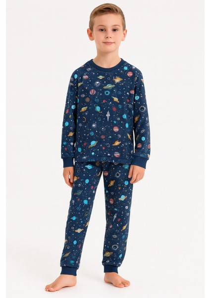 Çocuk Pijama Takımı Uzay Desenli Uzun Kollu 2'li Set Pijama Takımı Lacivert 3-13 Yaş