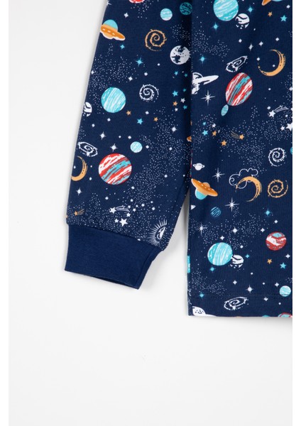 Çocuk Pijama Takımı Uzay Desenli Uzun Kollu 2'li Set Pijama Takımı Lacivert 3-13 Yaş indirimleri