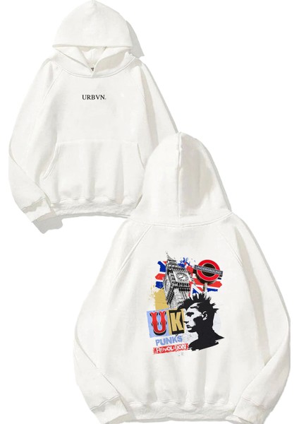 Uk Punk Tasarım Baskılı Oversize Beyaz Kapüşonlu Sweatshirt