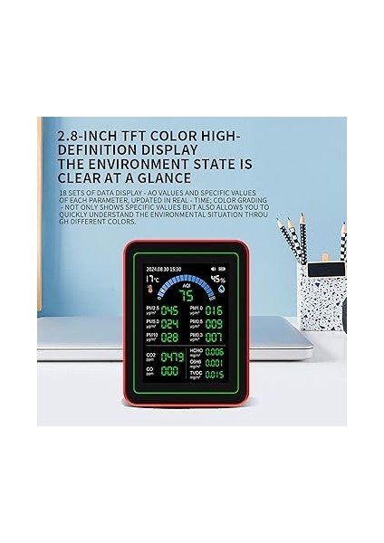 Kalitesi Ölçer 18 In 1 Co2 Tvoc Hcho Pm2.5 PM10 Sıcaklık Nemli Tespit Test Cihazı Iç Mekan Pilli Veri Depolama LCD Ev Ofis Arabası Için modelleri