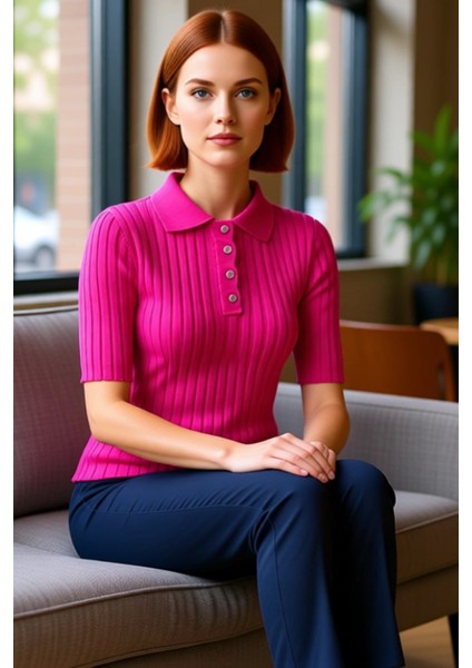 Kadın Triko Fitilli Polo Yaka Kısa Kol Üst Kaliteli Şık Rahat Modern Zarif Günlük