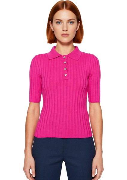 Kadın Triko Fitilli Polo Yaka Kısa Kol Üst Kaliteli Şık Rahat Modern Zarif Günlük fiyatları