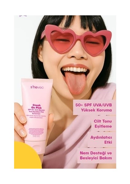 She Vec Crush On Pink - Spf 50+ Leke Karşıtı ve Ton Eşitleyici Pembe Güneş Kremi