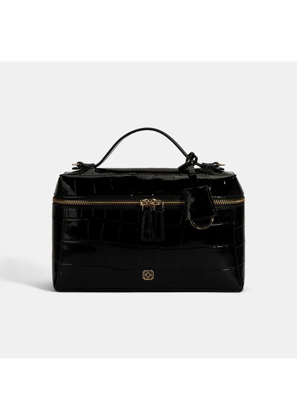 Kadın Siyah Kroko Baskılı Rugan Deri El Çantası