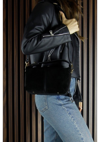 Siyah Hakiki Dana Süet Fermuarlı Askılı Iç Cepli Orta Boy Günlük Omuz Çantası fiyatları