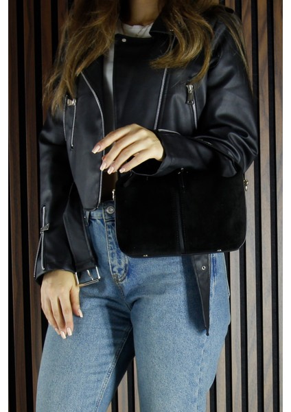 Siyah Hakiki Dana Süet Fermuarlı Askılı Iç Cepli Orta Boy Günlük Omuz Çantası modelleri