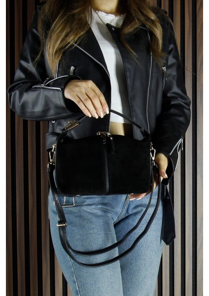 Siyah Hakiki Dana Süet Fermuarlı Askılı Iç Cepli Orta Boy Günlük Omuz Çantası indirimleri